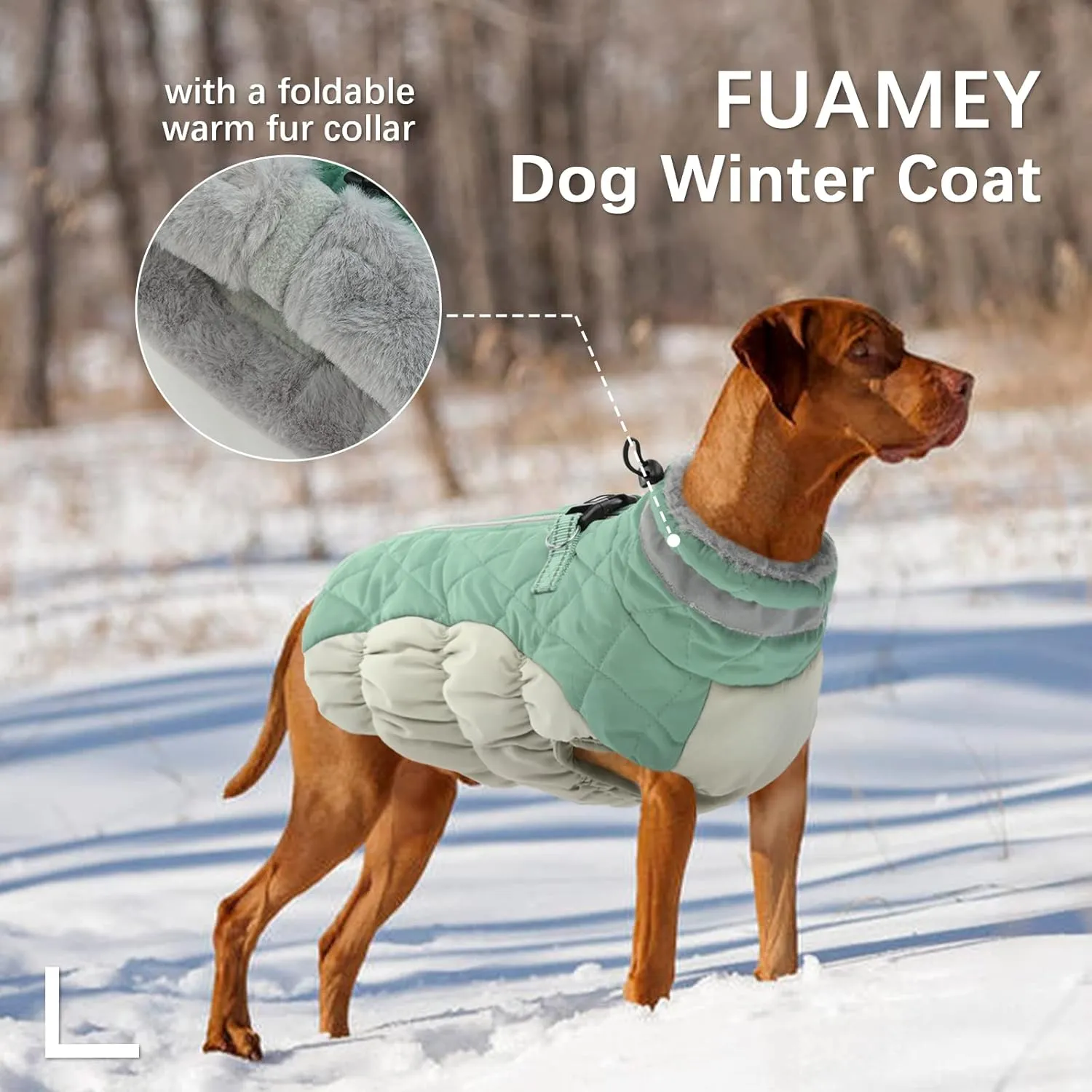 FUAMEY Dog Winter Jacket, Padded Dog Vest with Harness, Water Resistant Coat for Small to Large Dogs, Mint Green XL