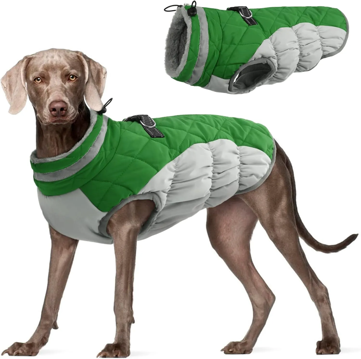 FUAMEY Warm Dog Jacket, Winter Coat with Padded Fleece, Reflective Vest, Built-in Harness, Waterproof Windproof Snow Jacket, Green, XXX-Large