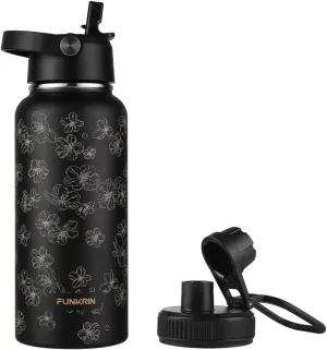Funkrin Insulated Water Bottle with Straw Lid & Spout Lid, 32oz Personalized Vacuum Stainless Steel Travel Mug, Leak Proof Double Walled Thermos for Hot & Cold Beverages