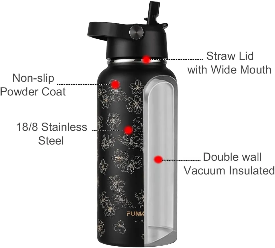 Funkrin Insulated Water Bottle with Straw Lid & Spout Lid, 32oz Personalized Vacuum Stainless Steel Travel Mug, Leak Proof Double Walled Thermos for Hot & Cold Beverages