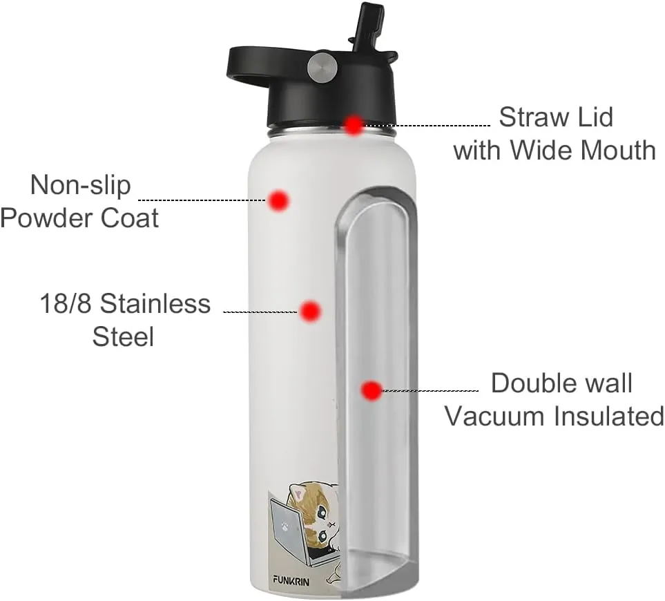 Funkrin Insulated Water Bottle with Straw Lid & Spout Lid, 40oz Personalized Vacuum Stainless Steel Travel Mug, Leak Proof Double Walled Thermos for Hot & Cold Beverages