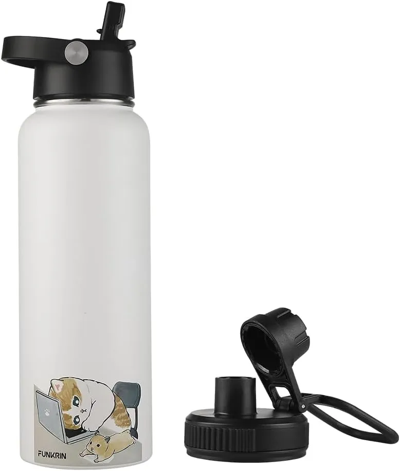 Funkrin Insulated Water Bottle with Straw Lid & Spout Lid, 40oz Personalized Vacuum Stainless Steel Travel Mug, Leak Proof Double Walled Thermos for Hot & Cold Beverages