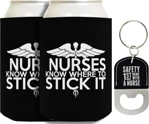 Funny Nurse Gifts Nurse Keychain and Coolies 2-pack Can Coolies and Bottle Opener Keychain Bundle