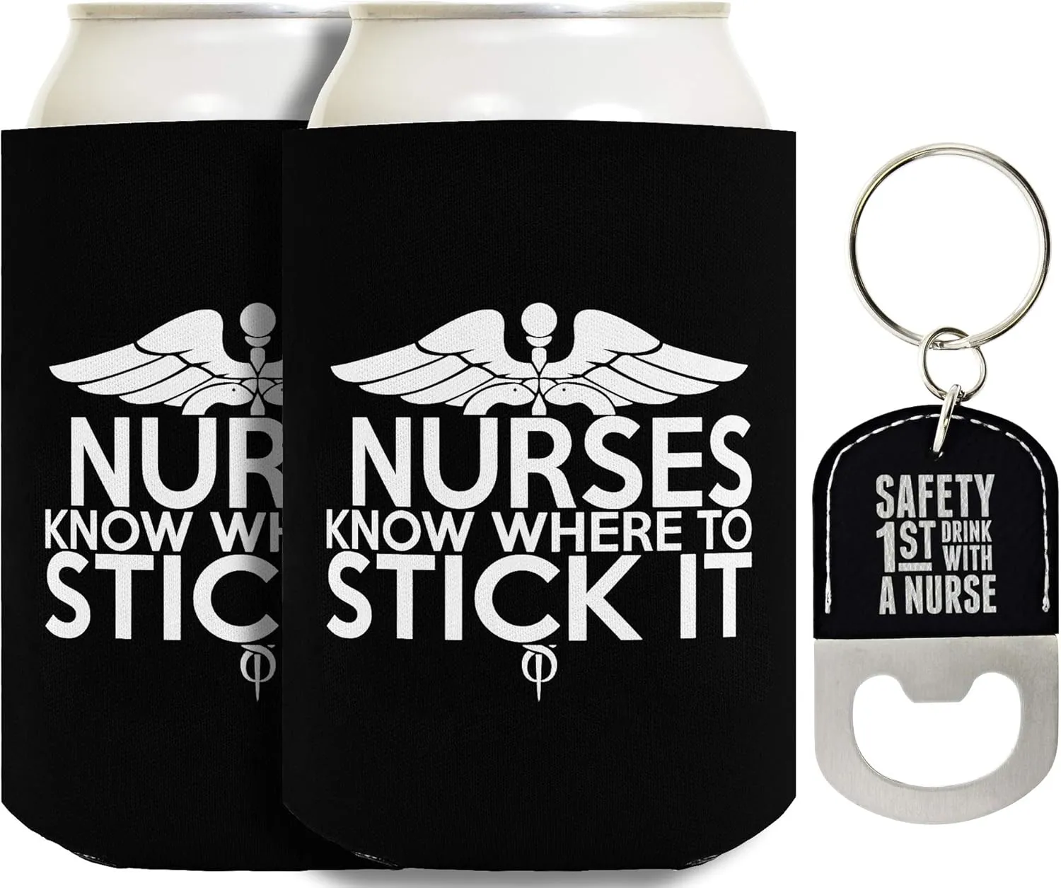 Funny Nurse Gifts Nurse Keychain and Coolies 2-pack Can Coolies and Bottle Opener Keychain Bundle