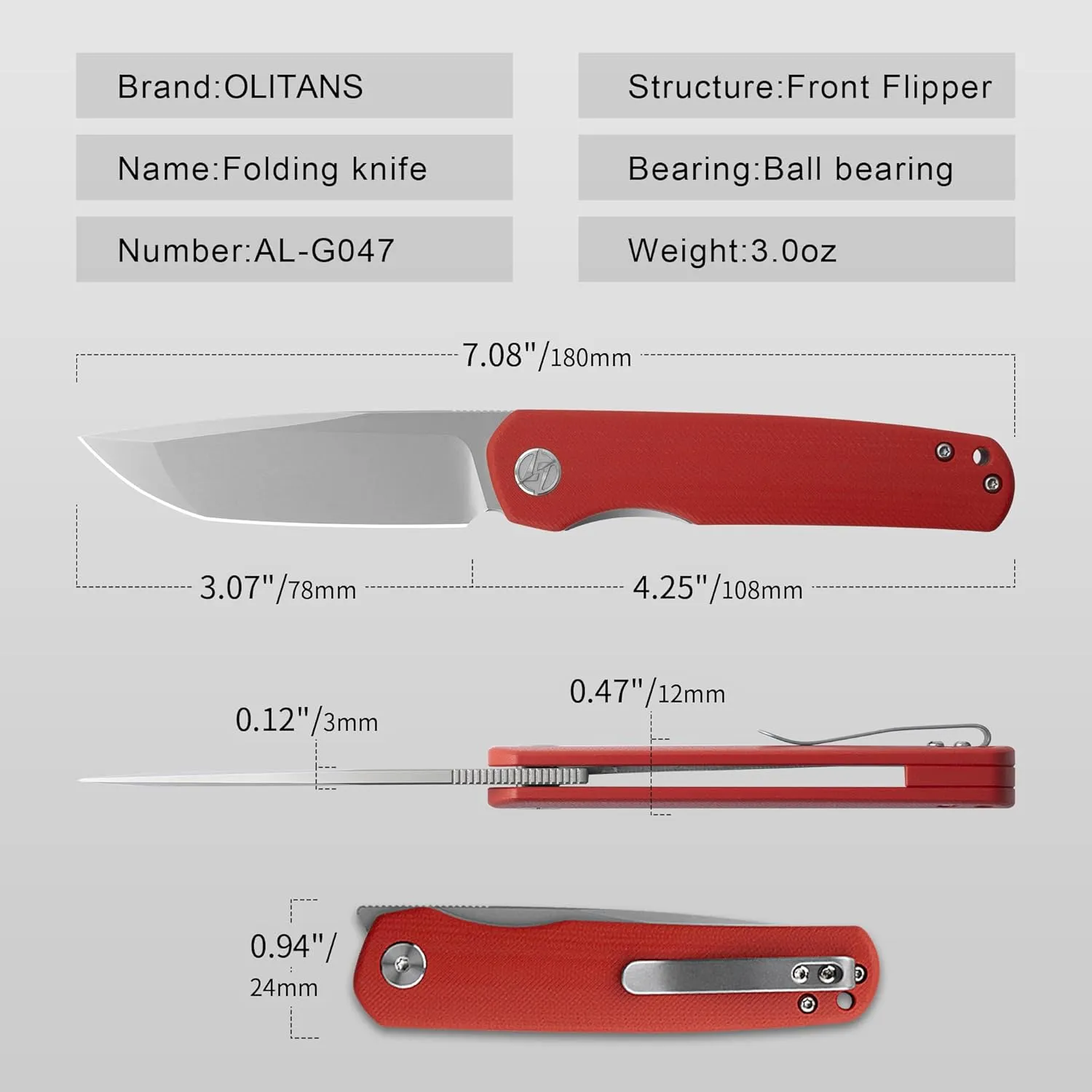 G047 Front Flipper Folding Knife 3.0" Sandvik 14C28N Blade White G10 Handle Camping Pocket Knife With Deep Carry Clip Outdoor EDC(Red W)