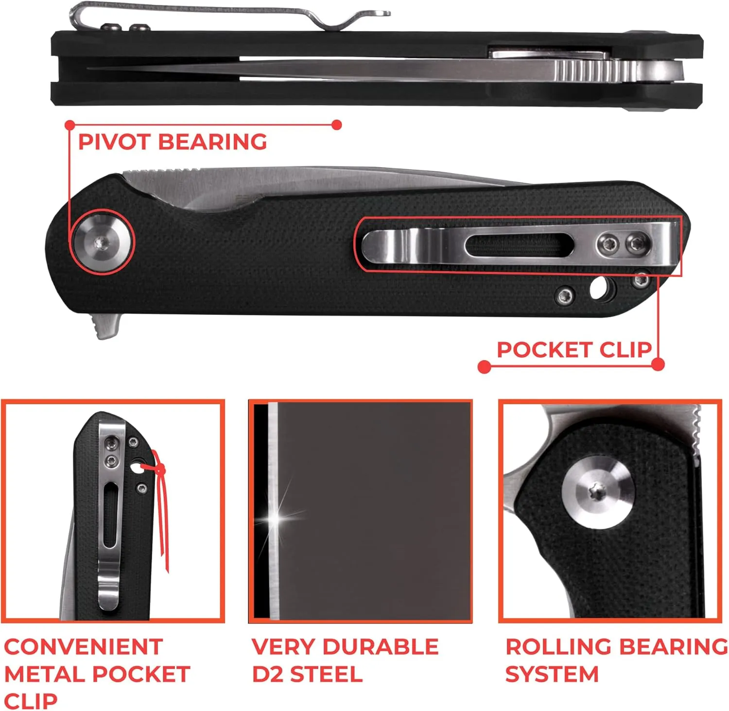 GANZO Firebird FH41-CF Pocket Folding Knife D2 Steel Blade G10 Anti-Slip Handle with Clip Fishing Hunting Camping Outdoor Flipper EDC Pocket Knife Best Gift for Men(Carbon Fiber)