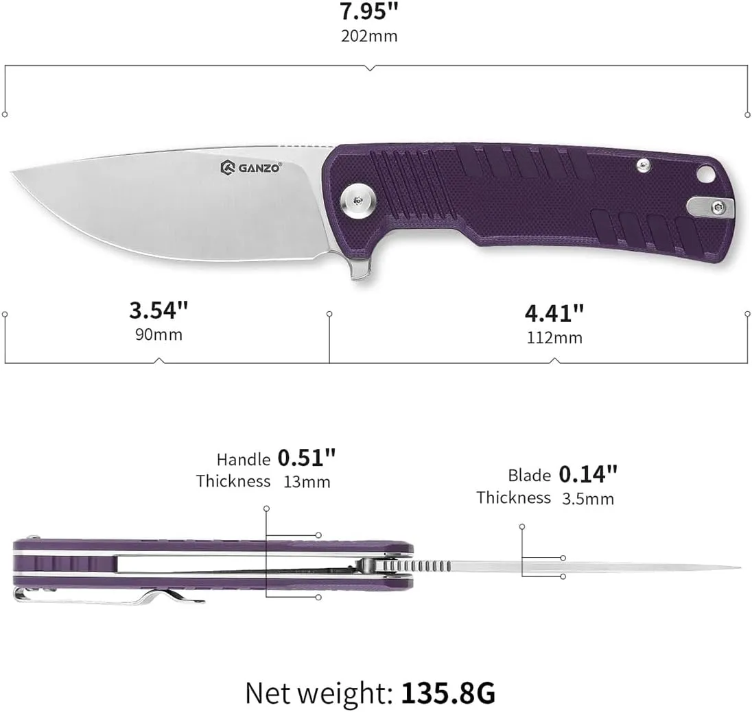 Ganzo G769-PL EDC Folding Pocket Knife Razor Sharp D2 Stainless Steel Blade G10 Handle with Clip Outdoor Pocket Knife Hunting Fishing Hiking Folder Best Gift for Men (Purple)