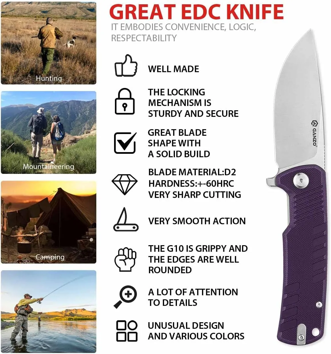 Ganzo G769-PL EDC Folding Pocket Knife Razor Sharp D2 Stainless Steel Blade G10 Handle with Clip Outdoor Pocket Knife Hunting Fishing Hiking Folder Best Gift for Men (Purple)