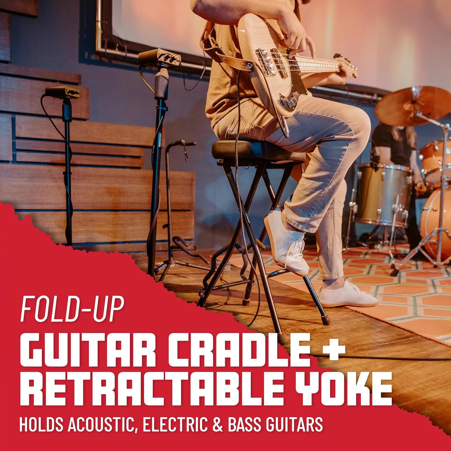 Gator Frameworks Foldable Guitar Stool with Padded Seat and Rear Mounted Guitar Hanger, (GFW-GTRSTOOL)