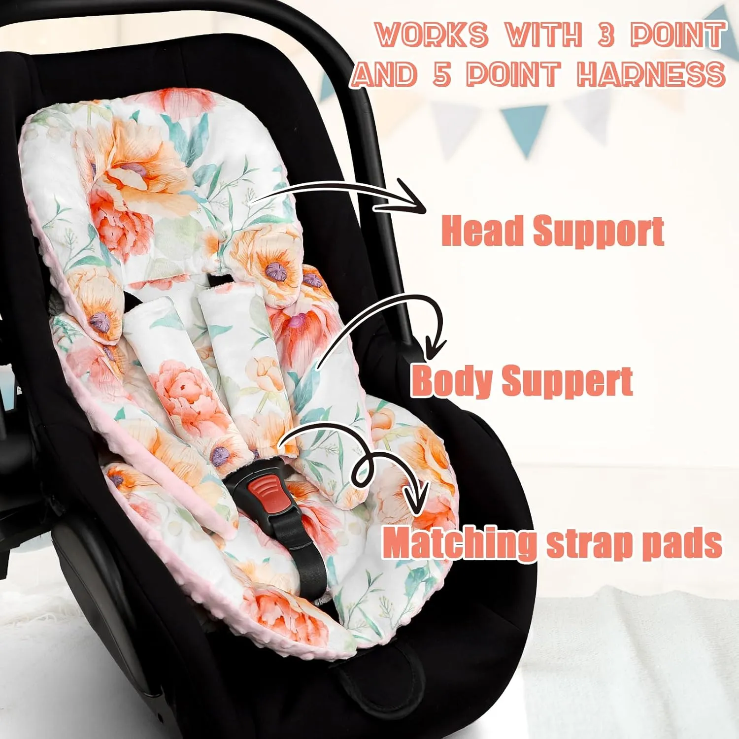 GFU Infant Car Seat Insert Head and Body Support, Reversible Newborn Insert for Carseat with Strap Pads, Soft Stroller Cushion Pillow Insert for Boys and Girls, Fits for Stroller, Swing, Flowers