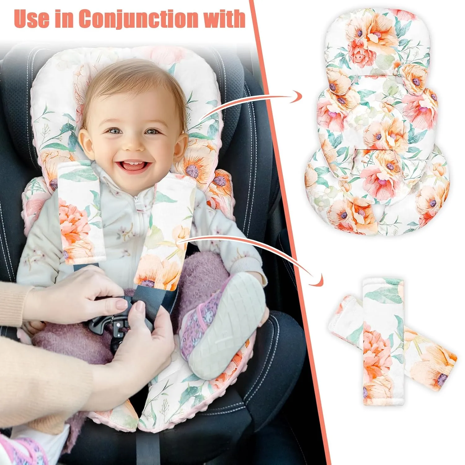 GFU Infant Car Seat Insert Head and Body Support, Reversible Newborn Insert for Carseat with Strap Pads, Soft Stroller Cushion Pillow Insert for Boys and Girls, Fits for Stroller, Swing, Flowers