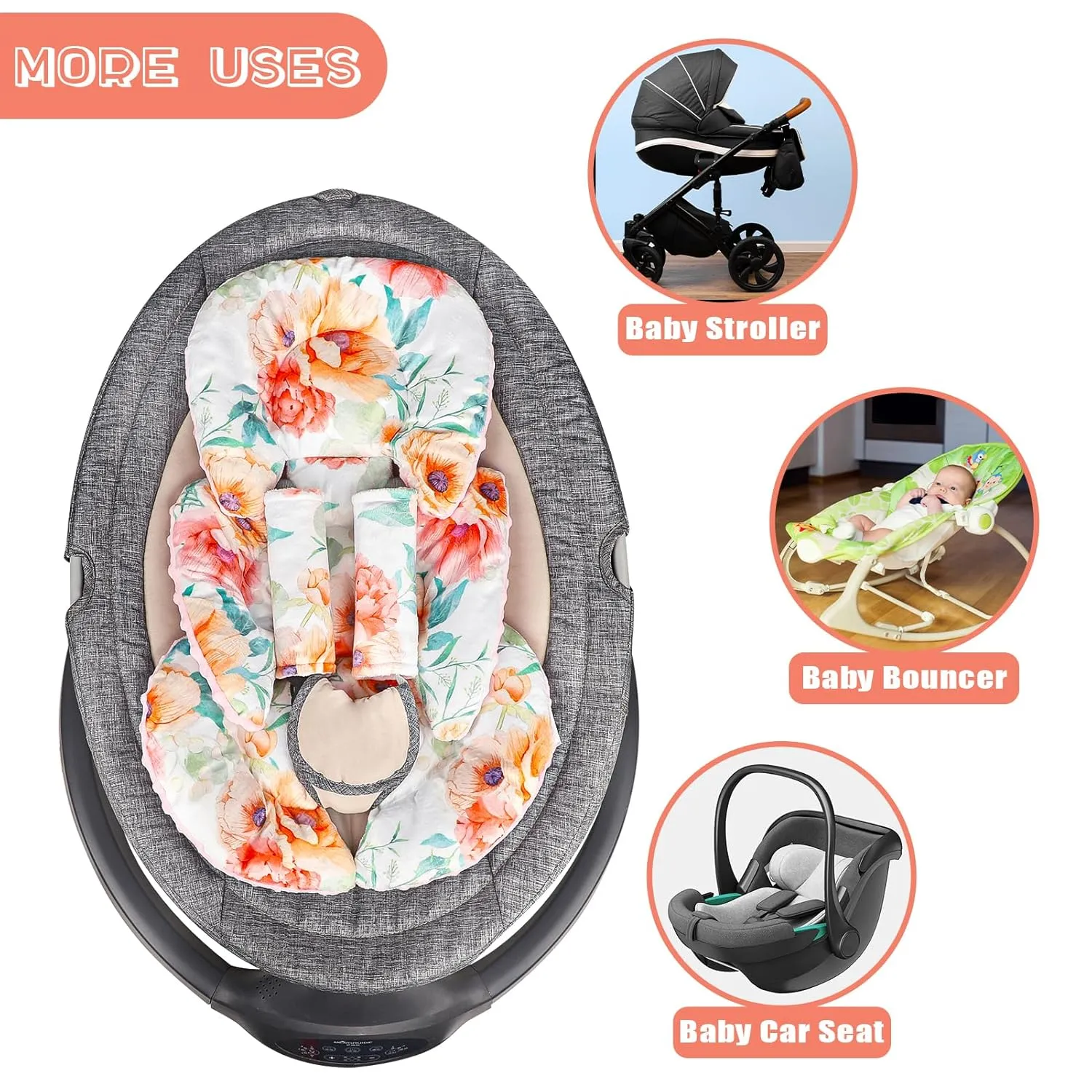 GFU Infant Car Seat Insert Head and Body Support, Reversible Newborn Insert for Carseat with Strap Pads, Soft Stroller Cushion Pillow Insert for Boys and Girls, Fits for Stroller, Swing, Flowers