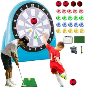 Giant Inflatable 6ft Tall Kick & Throw Darts Game, Soccer Darts Inflatable Dart Board with 2 Kick Balls, 4 Trown Balls, 20 Golf Balls, Chipping Mat, Scorecard & Pumps