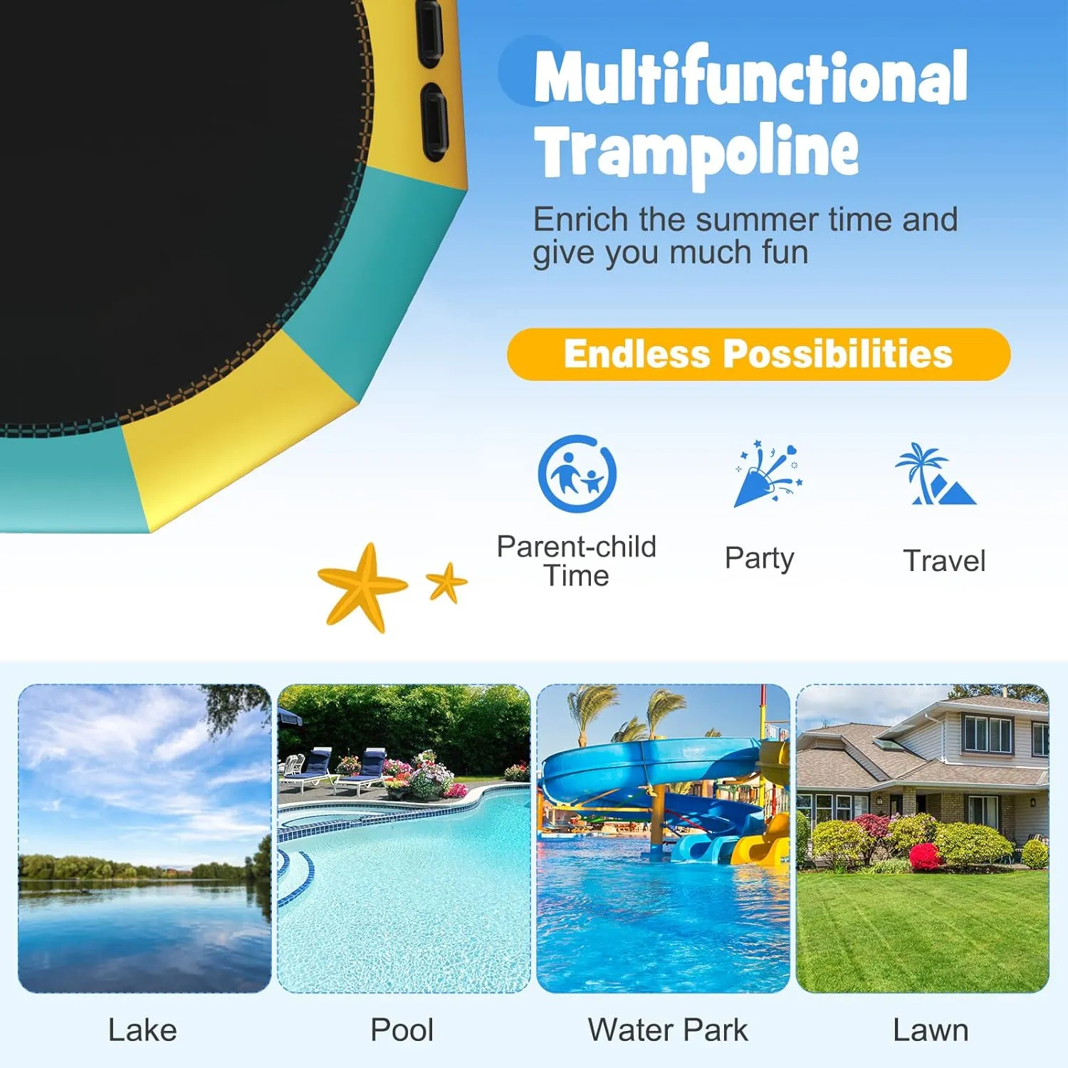 Giantex 10Ft 12Ft 15Ft Inflatable Water Trampoline, Floating Rebounder Trampoline with 500W Blower and 3-Step Rope Ladder, Kids Adults Recreational Water Trampoline for Pool, Lake