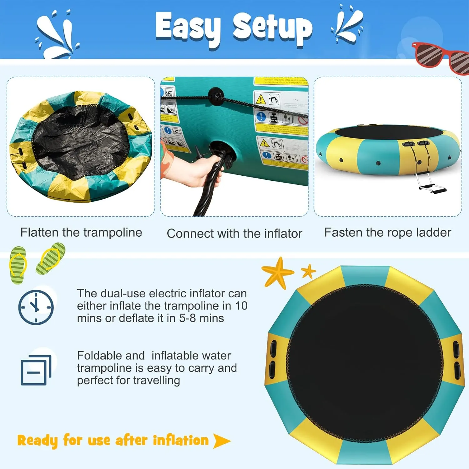 Giantex 10Ft 12Ft 15Ft Inflatable Water Trampoline, Floating Rebounder Trampoline with 500W Blower and 3-Step Rope Ladder, Kids Adults Recreational Water Trampoline for Pool, Lake