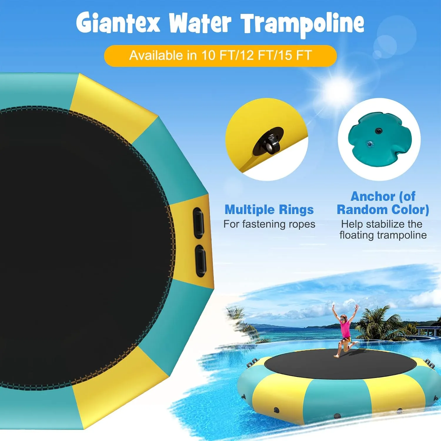 Giantex 10Ft 12Ft 15Ft Inflatable Water Trampoline, Floating Rebounder Trampoline with 500W Blower and 3-Step Rope Ladder, Kids Adults Recreational Water Trampoline for Pool, Lake