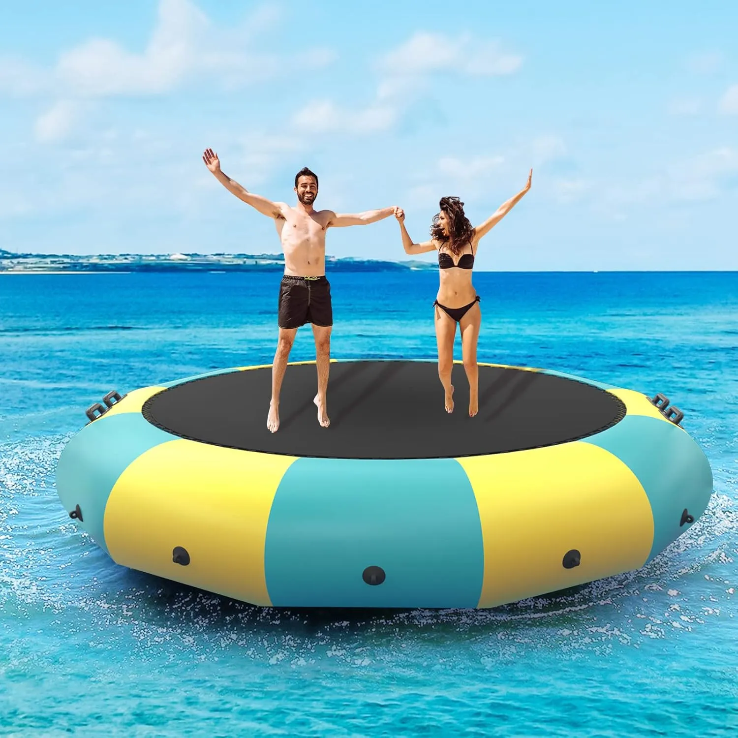 Giantex 10Ft 12Ft 15Ft Inflatable Water Trampoline, Floating Rebounder Trampoline with 500W Blower and 3-Step Rope Ladder, Kids Adults Recreational Water Trampoline for Pool, Lake