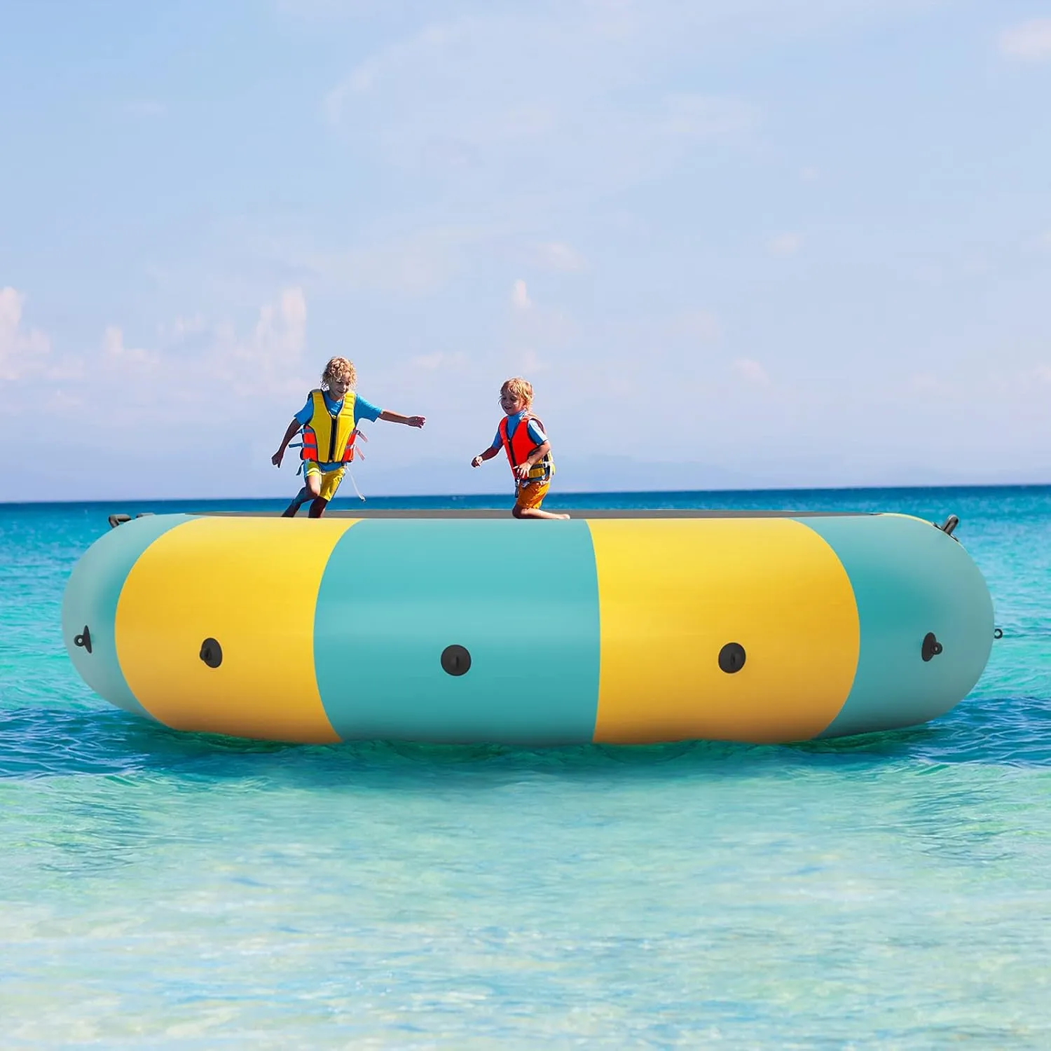 Giantex 10Ft 12Ft 15Ft Inflatable Water Trampoline, Floating Rebounder Trampoline with 500W Blower and 3-Step Rope Ladder, Kids Adults Recreational Water Trampoline for Pool, Lake