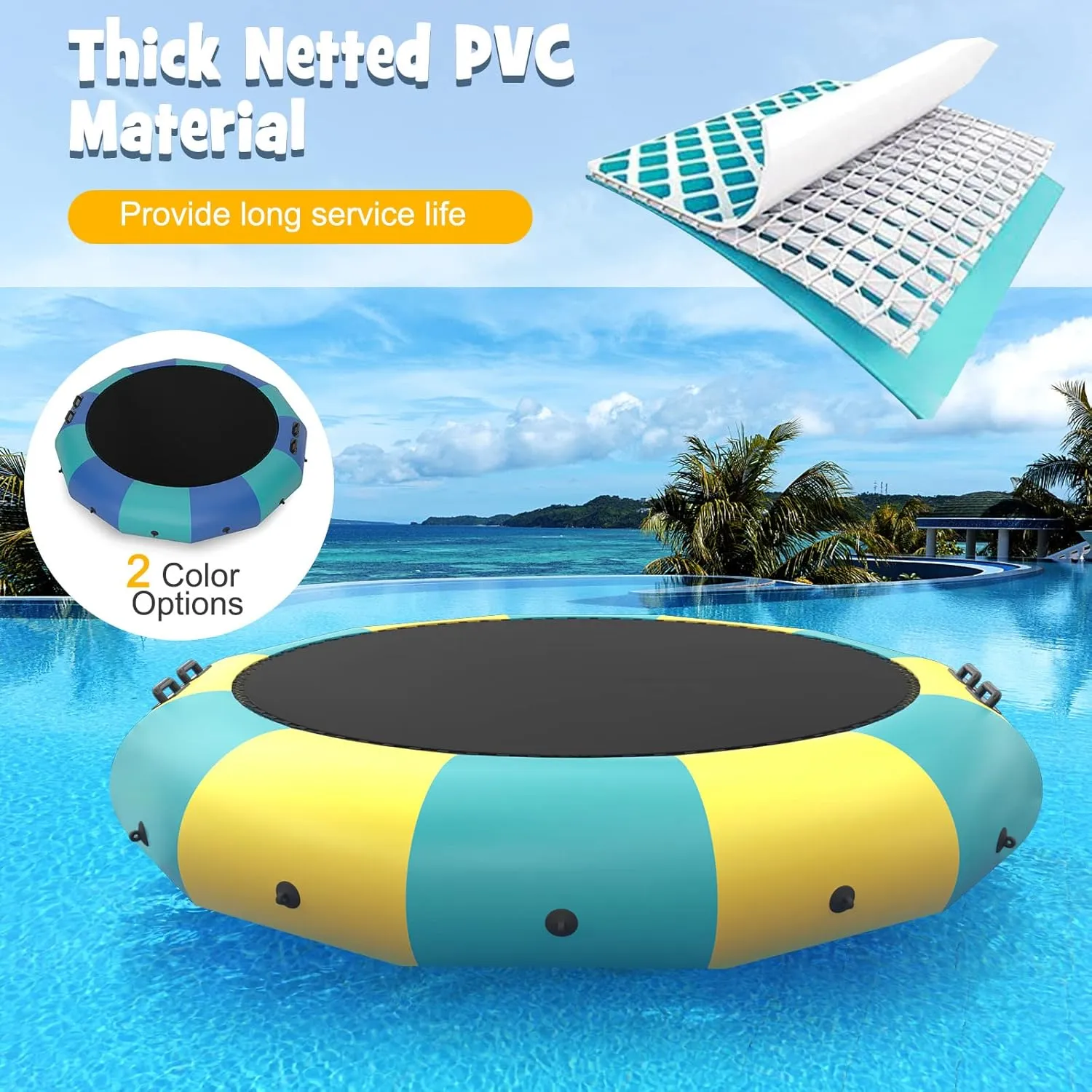 Giantex 10Ft 12Ft 15Ft Inflatable Water Trampoline, Floating Rebounder Trampoline with 500W Blower and 3-Step Rope Ladder, Kids Adults Recreational Water Trampoline for Pool, Lake