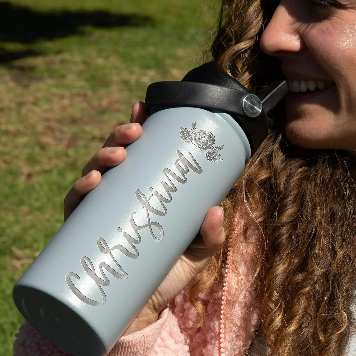 GIFTBYGIFTY Personalized Water Bottle w Straw Lid & Handle | 18 oz - Black, 12 Design Option | Custom Engraved Insulated Sports Water Bottle w Name, Text | BPA Free | Personalized Gifts