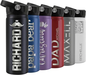 GIFTBYGIFTY Personalized Water Bottle w Straw Lid & Handle | 18 oz - Black, 12 Design Option | Custom Engraved Insulated Sports Water Bottle w Name, Text | BPA Free | Personalized Gifts