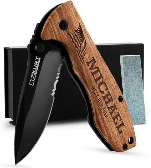 Gifts for Men, Personalized Engraved Oak Wood Pocket Knife - 36 Icons, 20 Stylish Font - Custom Pocket Knives