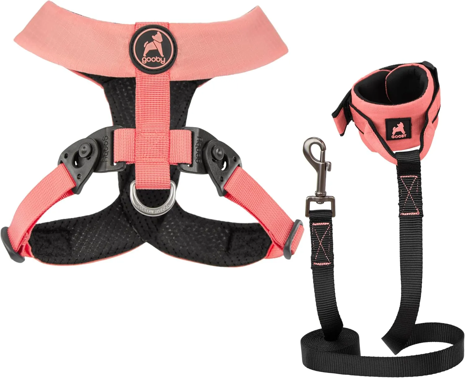 Gooby Comfort X Harness Dual Snap and Ripstop Z Wristband Surfer Leash Set-Pink, Medium, 6FT-Choke Free X Frame Harness with Rotational Buckles and Nylon Handsfree Leash for Small and Medium Dog