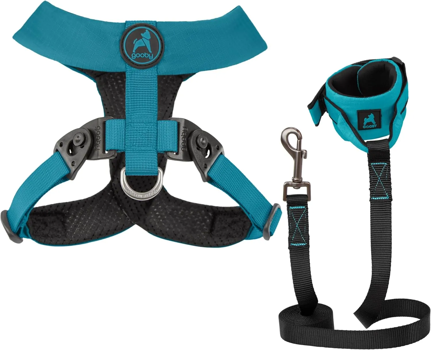 Gooby Comfort X Harness Dual Snap and Ripstop Z Wristband Surfer Leash Set-Turquoise, Medium, 6FT-Choke Free X Frame Harness with Rotational Buckles and Nylon Handsfree Leash for Small and Medium Dog