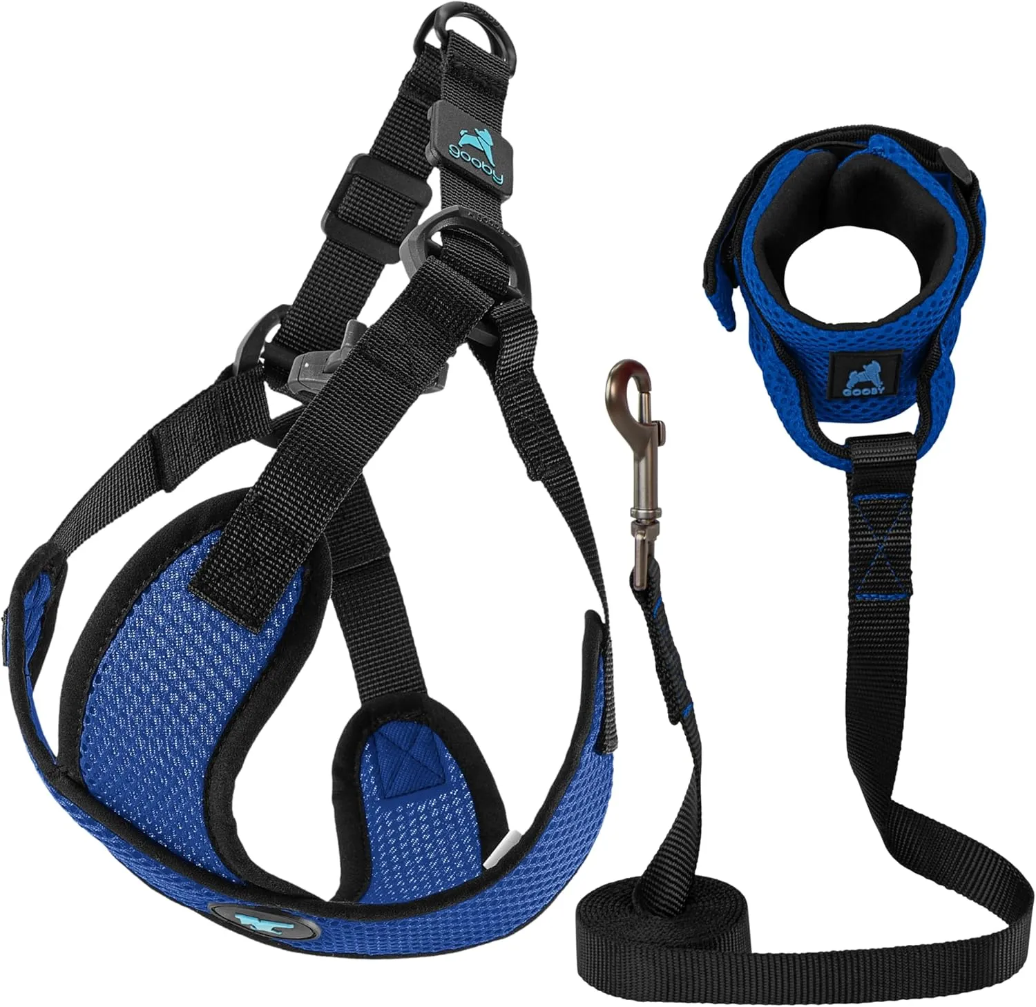 Gooby Comfort X Step in Lite Harness and Mesh Wristband Surfer Leash Set-Blue, Small, 6 FT-Choke Free and Escape Free Harness with Breathable Mesh and Mesh Handsfree Leash for Small and Medium Dog