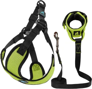Gooby Comfort X Step in Lite Harness and Mesh Wristband Surfer Leash Set-Green, Large, 6 FT-Choke Free and Escape Free Harness with Breathable Mesh and Mesh Handsfree Leash for Small and Medium Dog