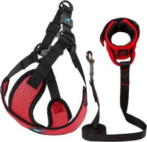 Gooby Comfort X Step in Lite Harness and Mesh Wristband Surfer Leash Set-Red, Small, 6 FT-Choke Free and Escape Free Harness with Breathable Mesh and Mesh Handsfree Leash for Small and Medium Dog