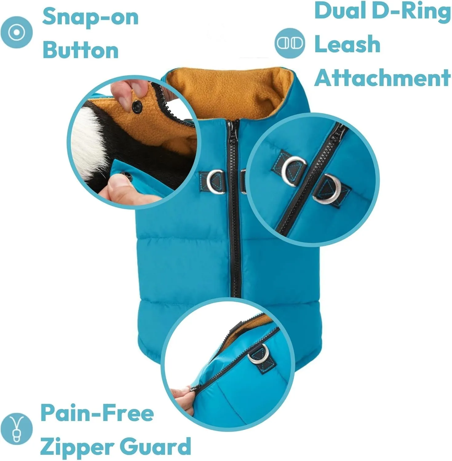 Gooby Padded Vest Dog Jacket - Solid Blue, Small - Warm Zip Up Vest Fleece Jacket with Dual D Ring Leash - Winter Water Resistant Sweater - Clothes for Small and Medium Dogs