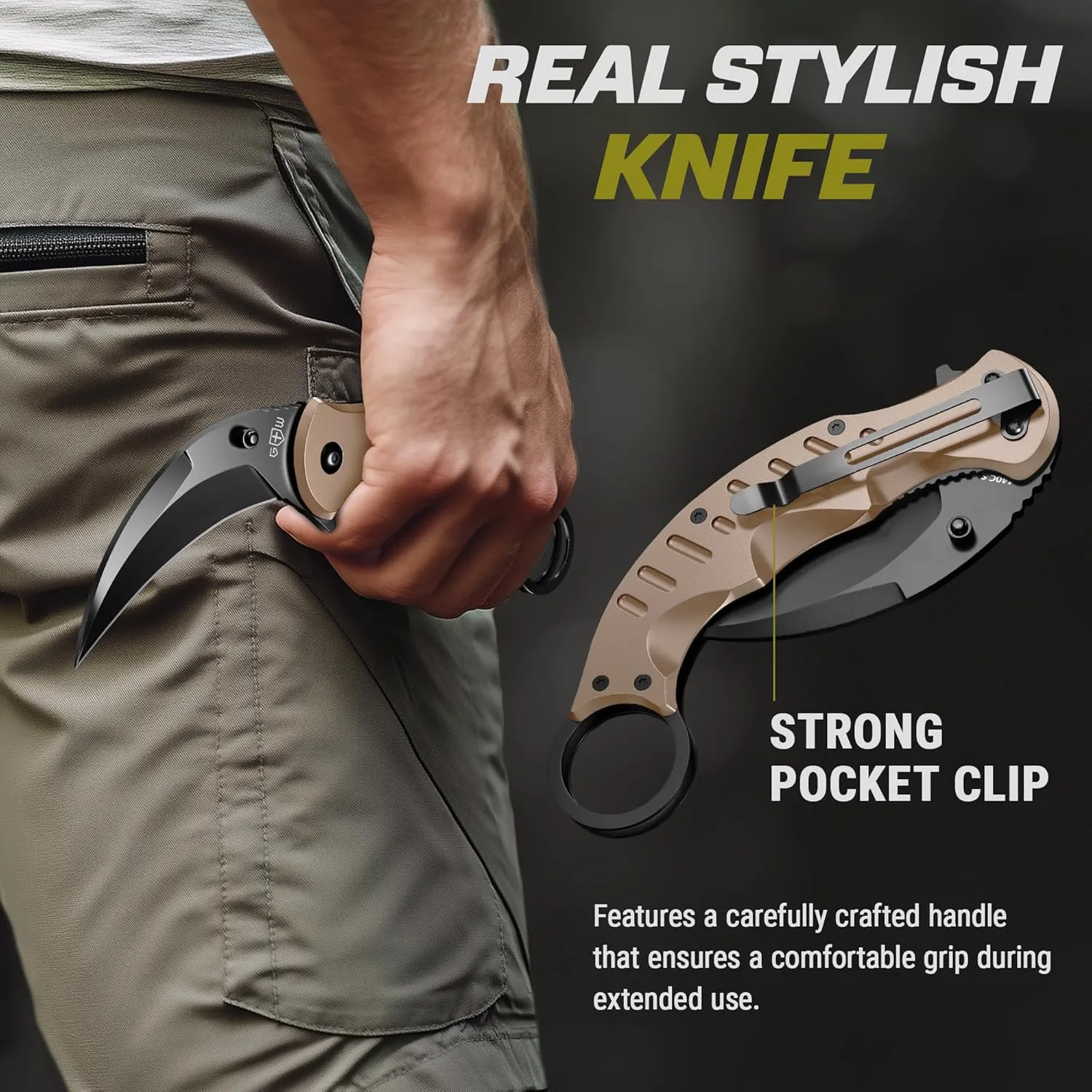 GOOD WORKER Tan Karambit Folding Knife for Men - Military Sharp Tiger Claw Blade - Pocket & Folding Knives for Hunting Camping EDC - Birthday Gifts Ideas for Dad Husband Boyfriend X-42 T