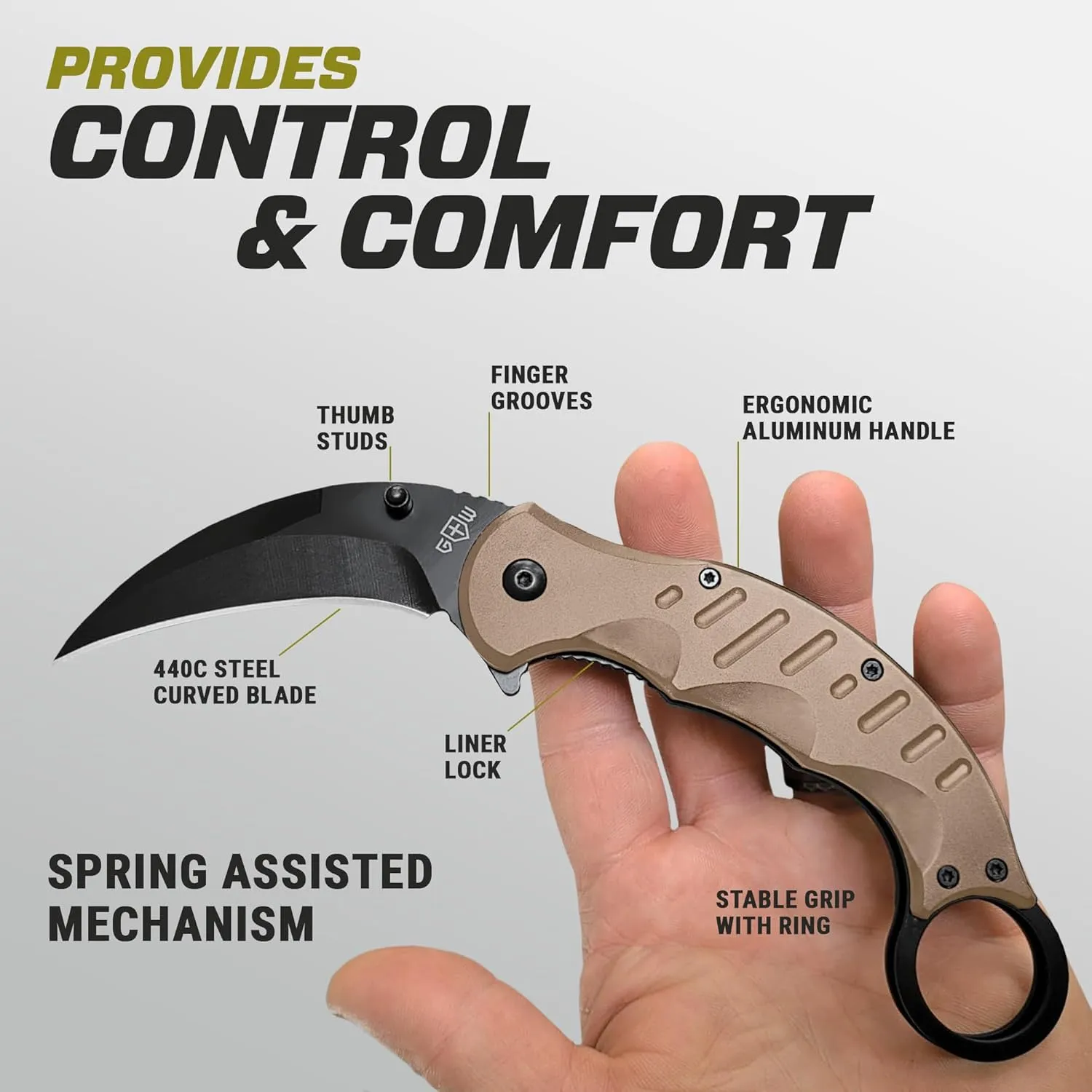 GOOD WORKER Tan Karambit Folding Knife for Men - Military Sharp Tiger Claw Blade - Pocket & Folding Knives for Hunting Camping EDC - Birthday Gifts Ideas for Dad Husband Boyfriend X-42 T