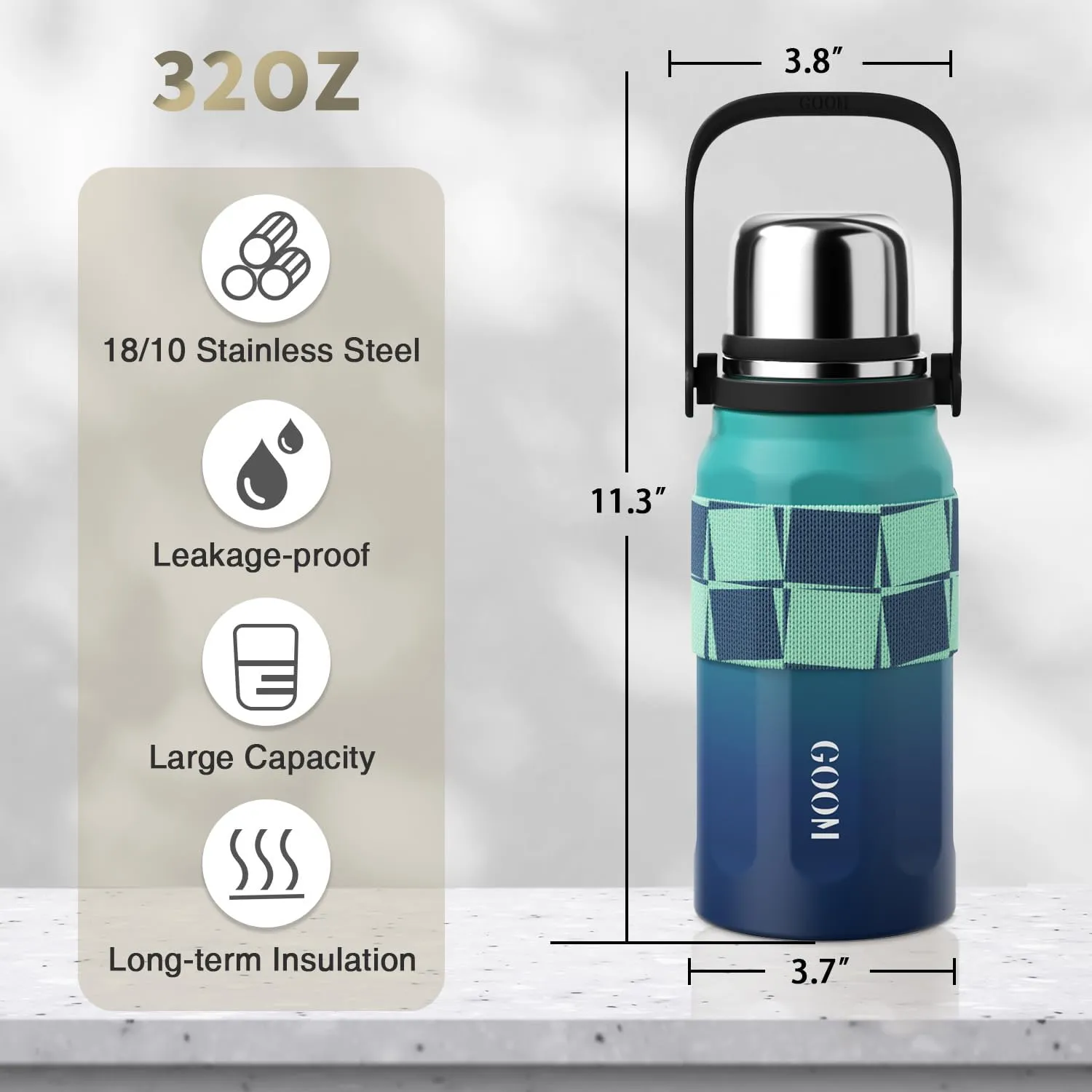 GOOM The Grip 32 oz Water Bottles for Hot and Cold Drinks,18/10 Stainless Steel Insulated Water Bottle with Lid, Carrying Strap,Strainer,7-Layer Insulation,Wide Mouth - Ocean Blue