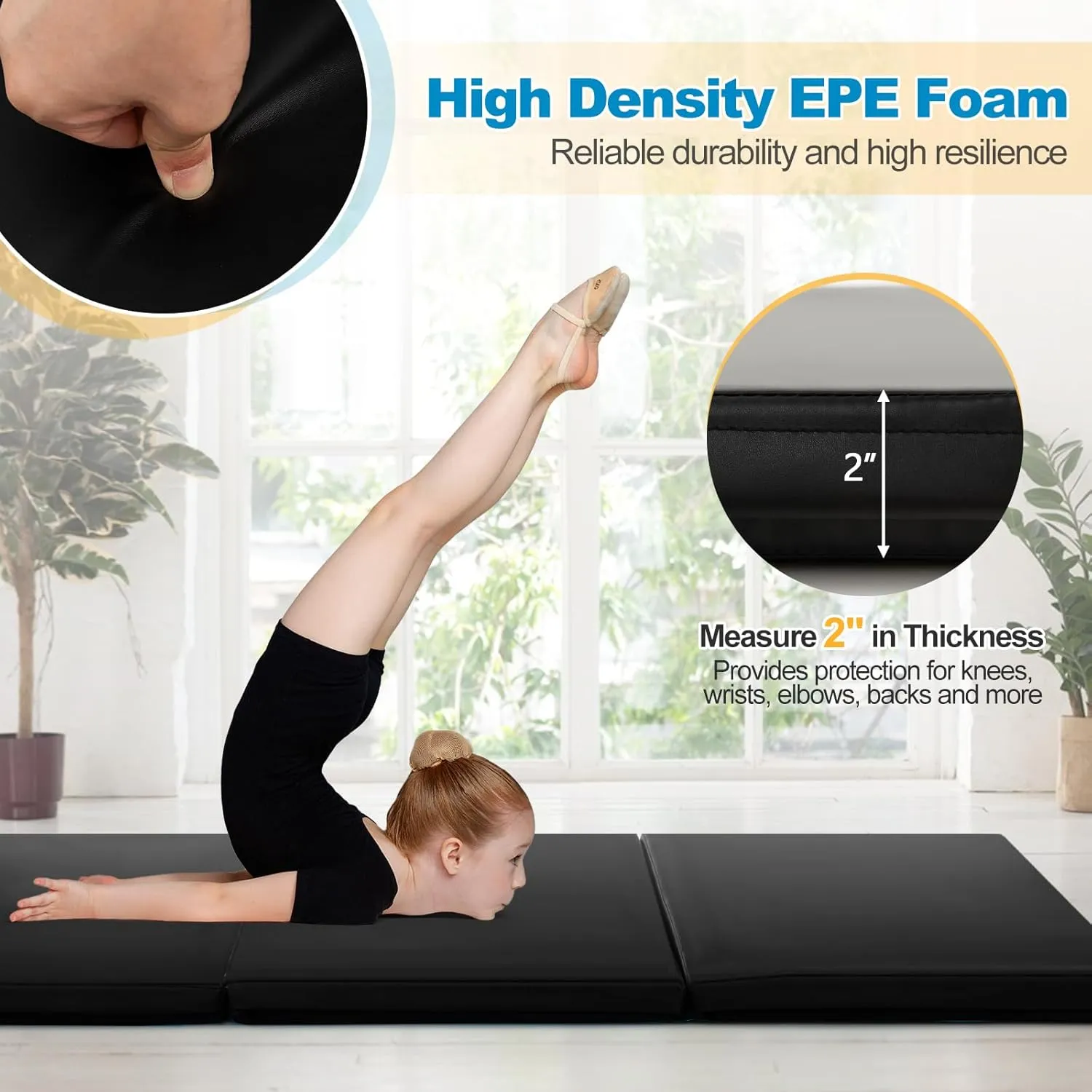 Goplus Folding Gymnastics Mat, 6’ x 2’ x 2’’ Thick Tri-Fold Exercise Tumbling Mat w/Carrying Handles, Hook & Loop Fastener, Gym mats for Home Fitness Yoga Aerobics Workouts Martial Arts