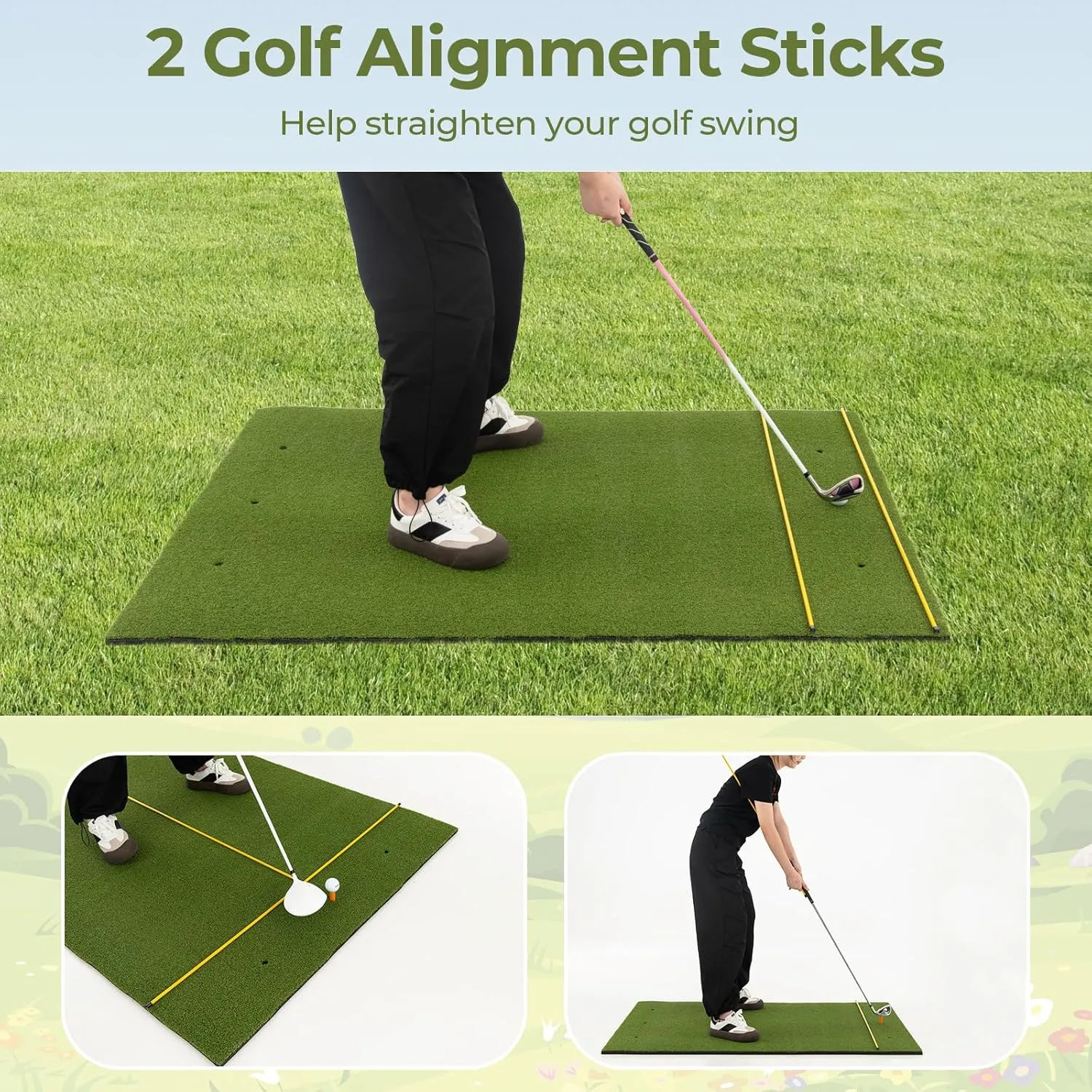 Goplus Golf Mat, 5x3ft/5x4ft Golf Hitting Mat 20/25/27/32mm Thick w/2 Alignment Sticks & 2 Golf Tees, Portable Artificial Turf Grass Golf Training Mat Practice for Indoor Outdoor
