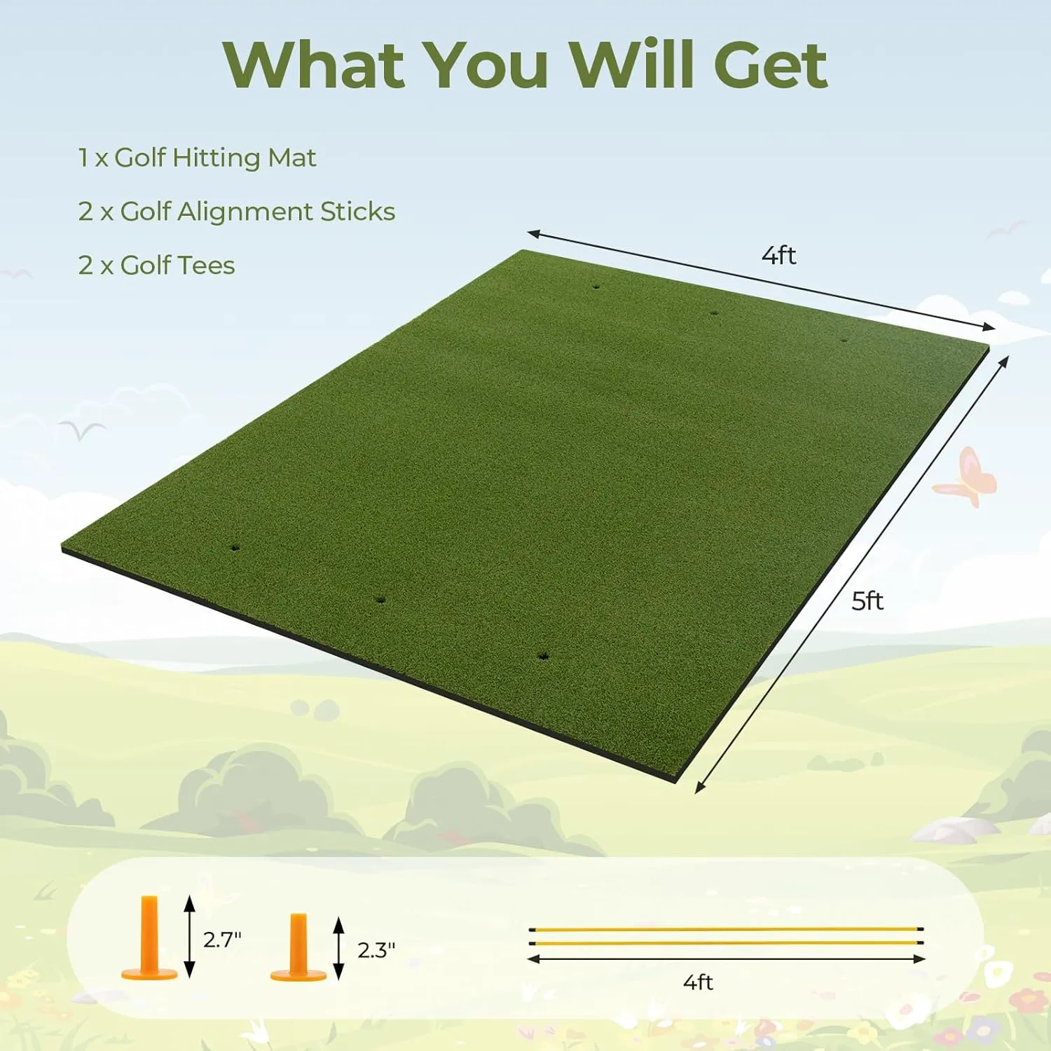 Goplus Golf Mat, 5x3ft/5x4ft Golf Hitting Mat 20/25/27/32mm Thick w/2 Alignment Sticks & 2 Golf Tees, Portable Artificial Turf Grass Golf Training Mat Practice for Indoor Outdoor