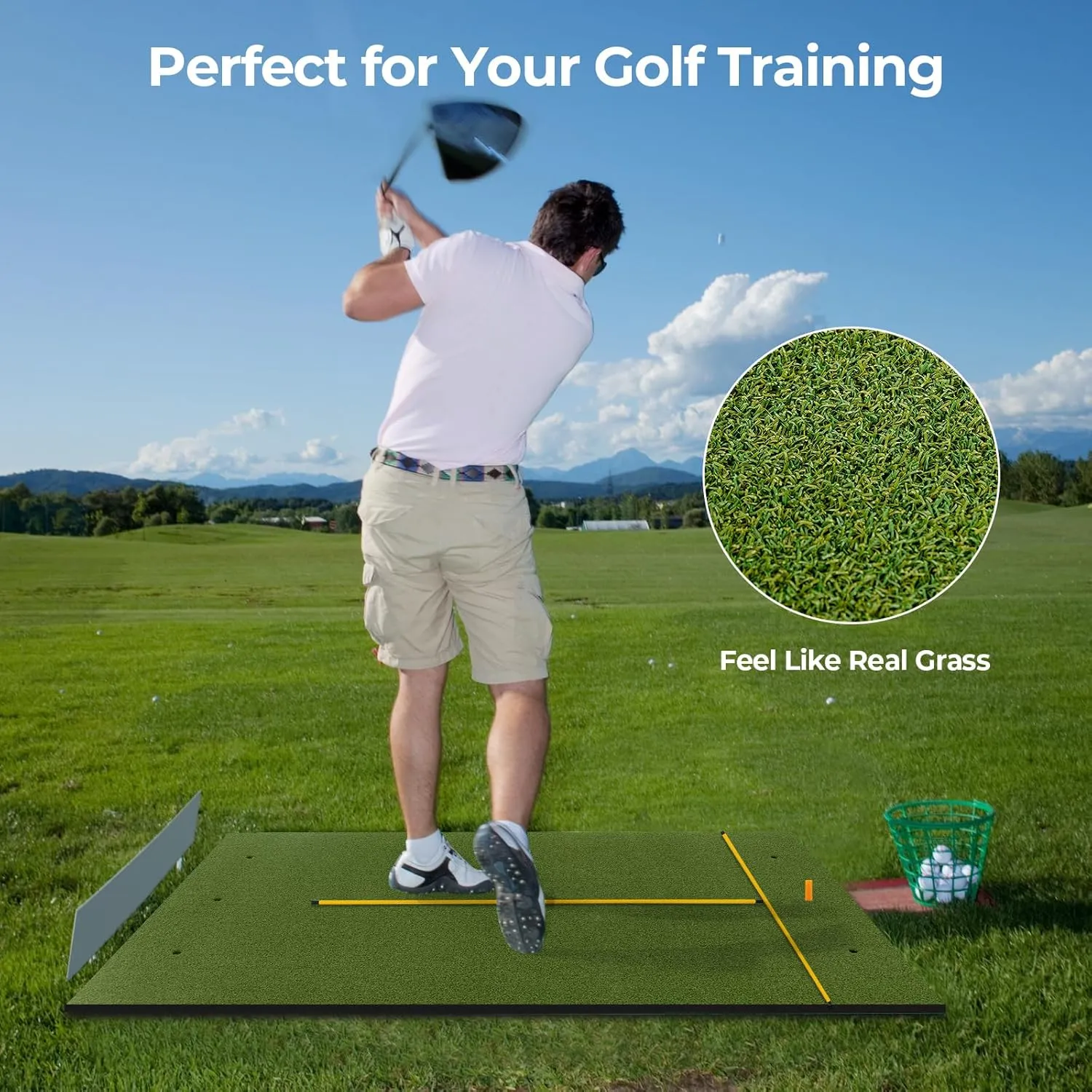Goplus Golf Mat, 5x3ft/5x4ft Golf Hitting Mat 20/25/27/32mm Thick w/2 Alignment Sticks & 2 Golf Tees, Portable Artificial Turf Grass Golf Training Mat Practice for Indoor Outdoor