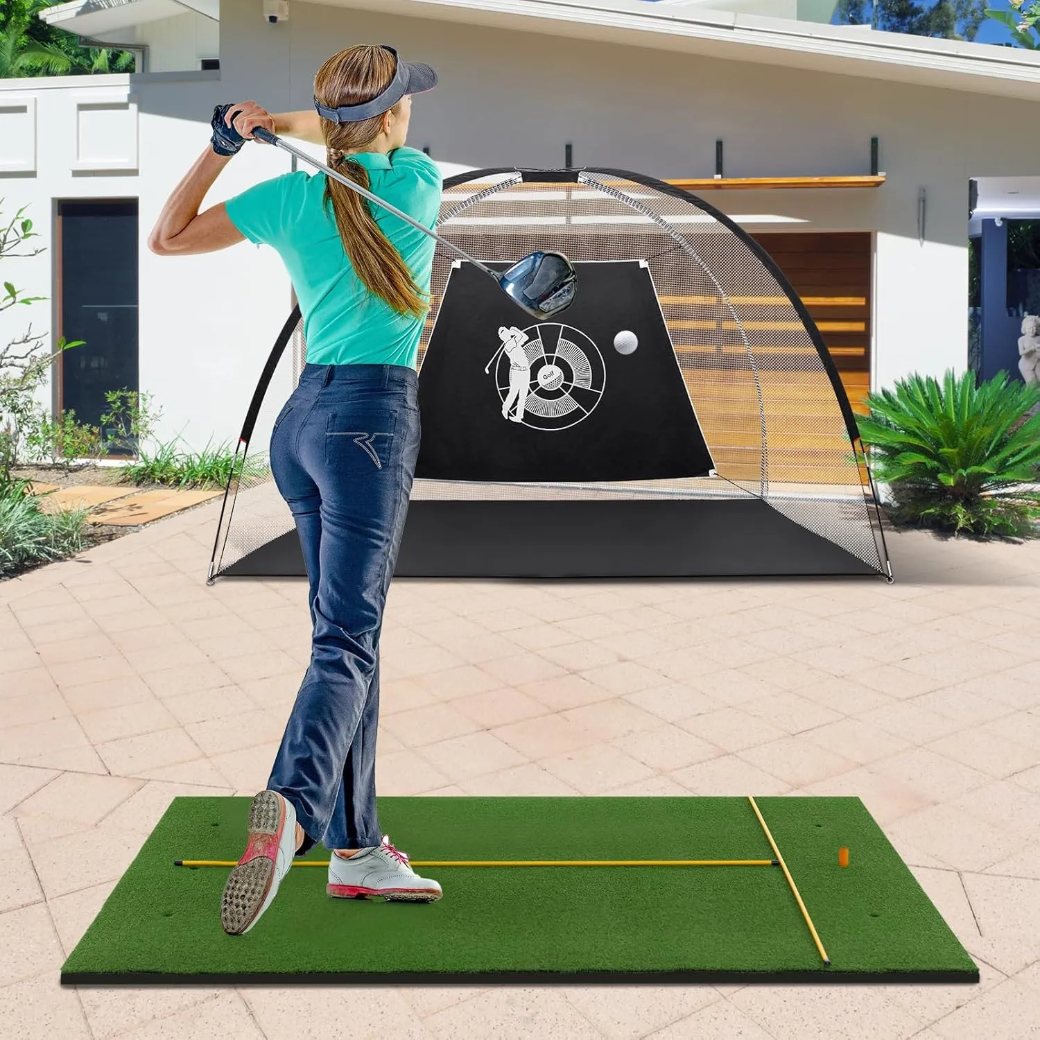 Goplus Golf Mat, 5x3ft/5x4ft Golf Hitting Mat 20/25/27/32mm Thick w/2 Alignment Sticks & 2 Golf Tees, Portable Artificial Turf Grass Golf Training Mat Practice for Indoor Outdoor