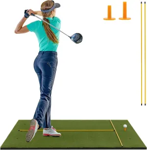 Goplus Golf Mat, 5x3ft/5x4ft Golf Hitting Mat 20/25/27/32mm Thick w/2 Alignment Sticks & 2 Golf Tees, Portable Artificial Turf Grass Golf Training Mat Practice for Indoor Outdoor