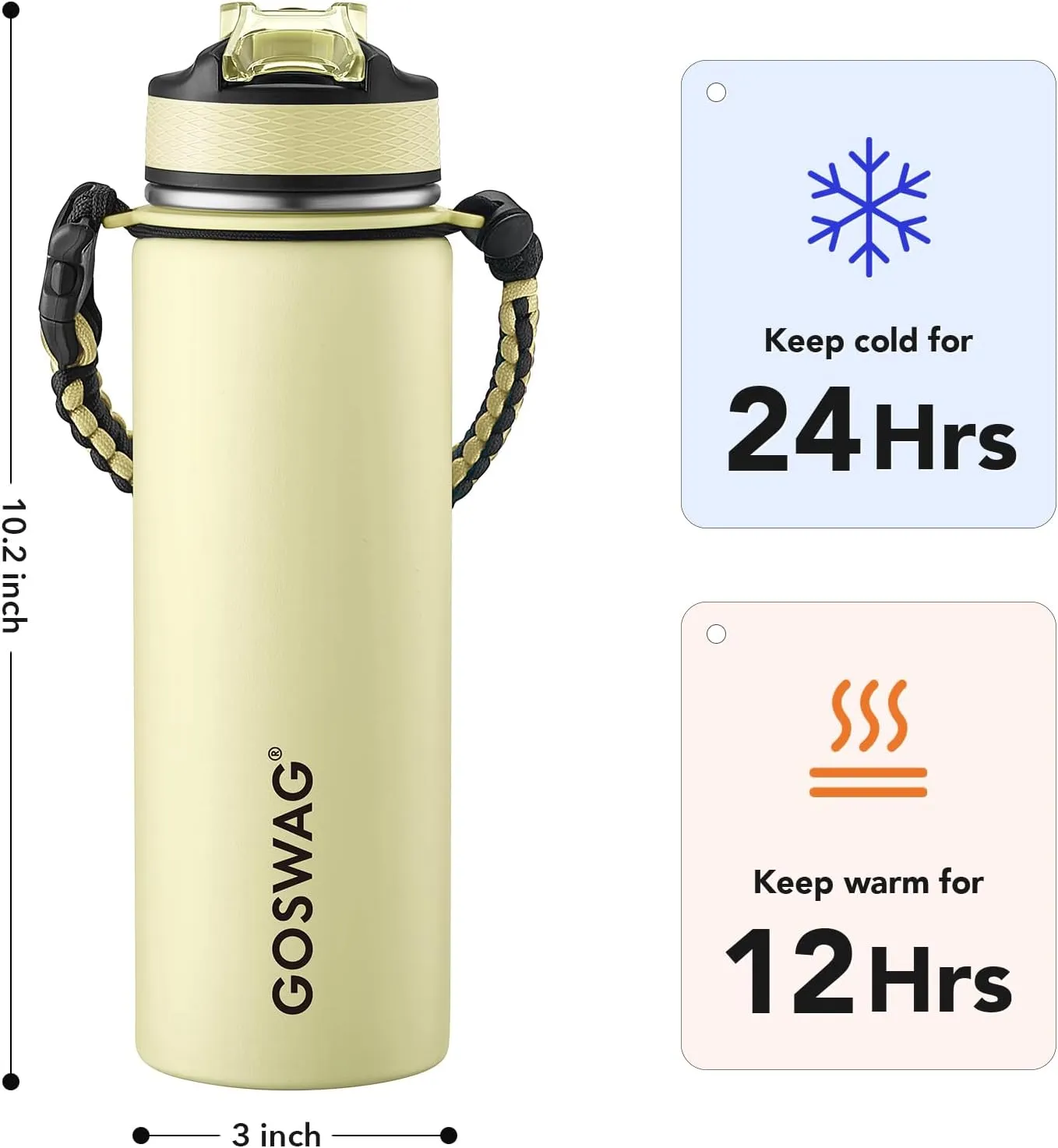 GOSWAG 24oz Insulated Sports Water Bottle, Stainless Steel, Leak-proof, Wide Mouth, Matte Creamy Yellow