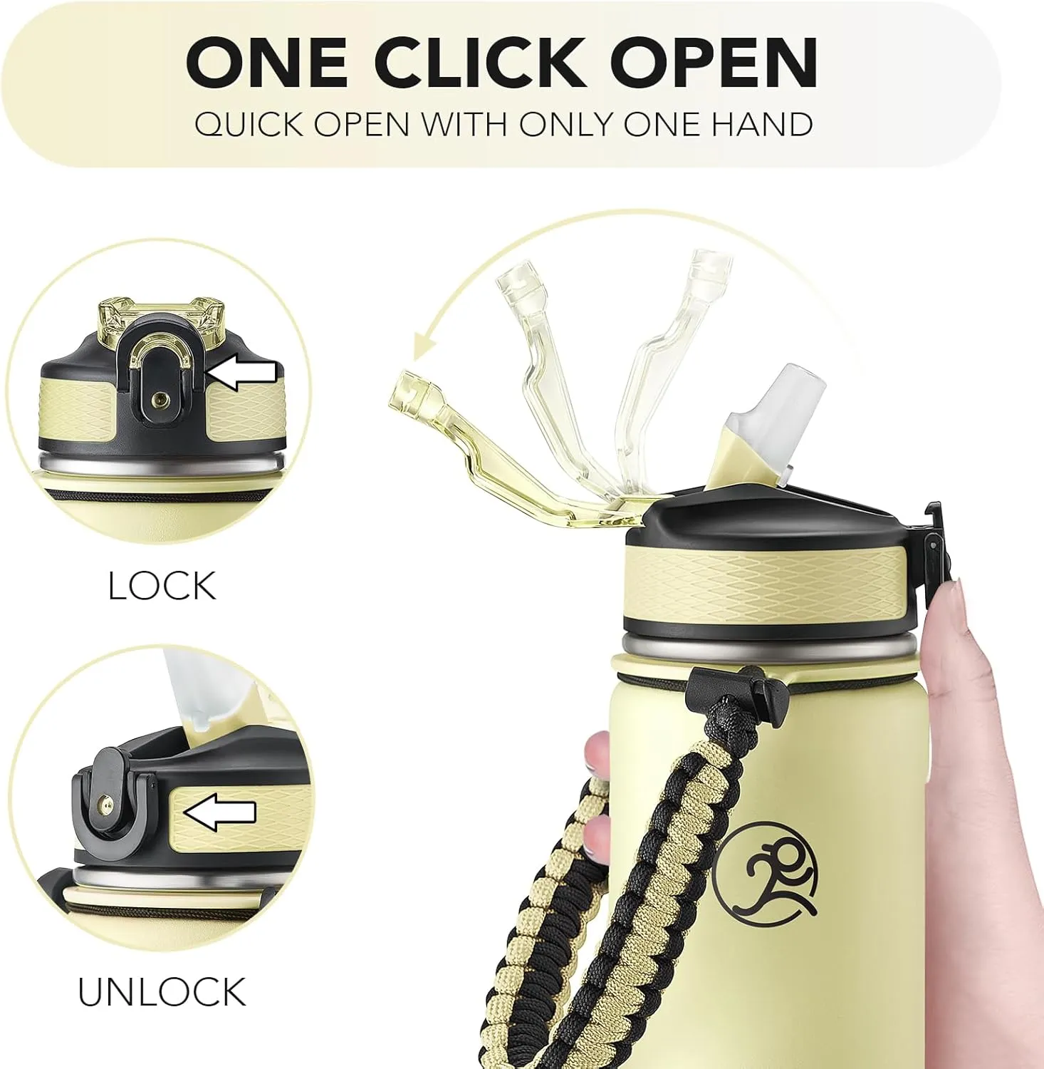 GOSWAG 24oz Insulated Sports Water Bottle, Stainless Steel, Leak-proof, Wide Mouth, Matte Creamy Yellow