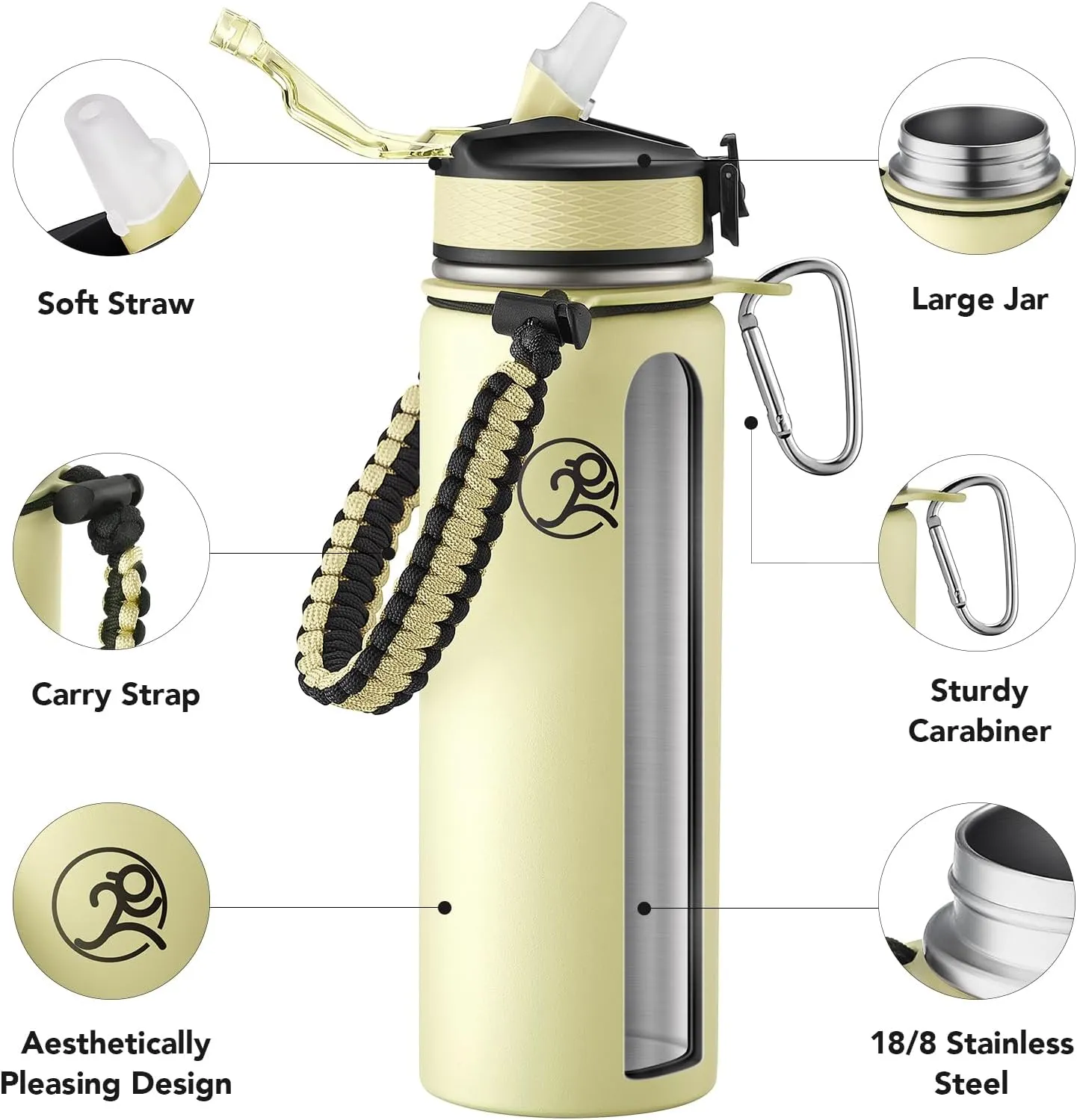 GOSWAG 24oz Insulated Sports Water Bottle, Stainless Steel, Leak-proof, Wide Mouth, Matte Creamy Yellow