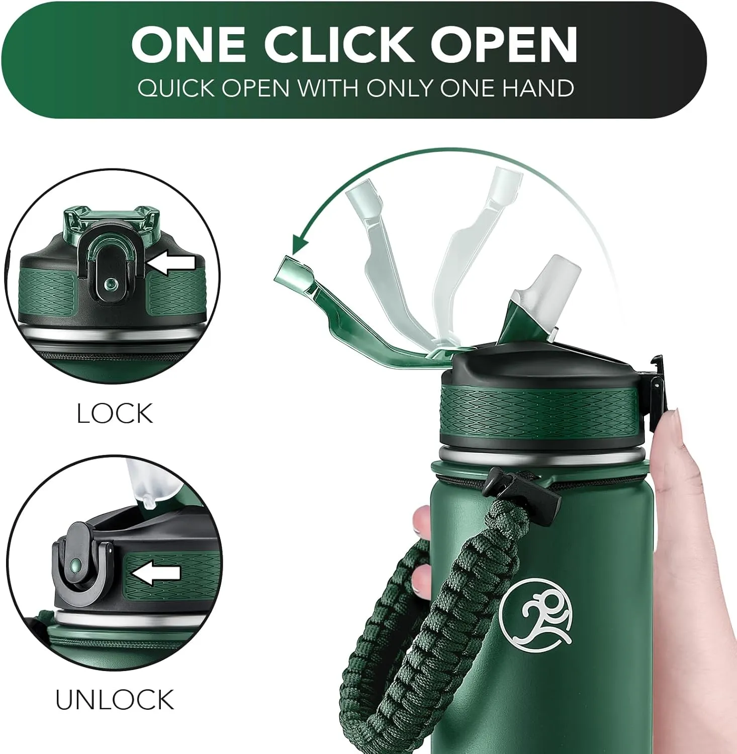 GOSWAG Insulated Sports Water Bottle, 24oz 2 Lids(with Straw/No Straw), Stainless Steel Water Bottles with Paracord Handle, Insulated Thermos with Double-Wall Vacuum Insulation Visit the GOSWAG Store