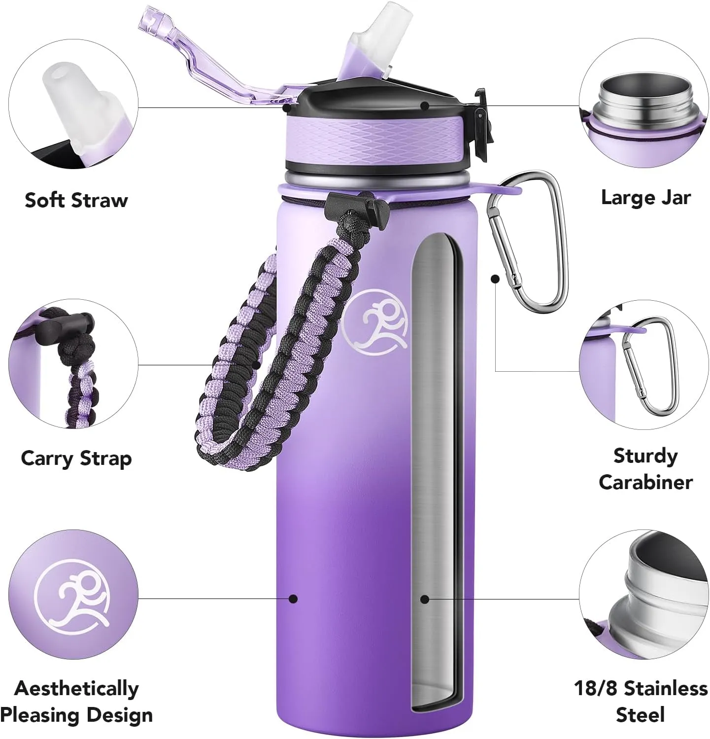 GOSWAG Insulated Sports Water Bottle, 24oz 2 Lids(with Straw/No Straw), Stainless Steel Water Bottles with Paracord Handle, Insulated Thermos with Double-Wall Vacuum Insulation