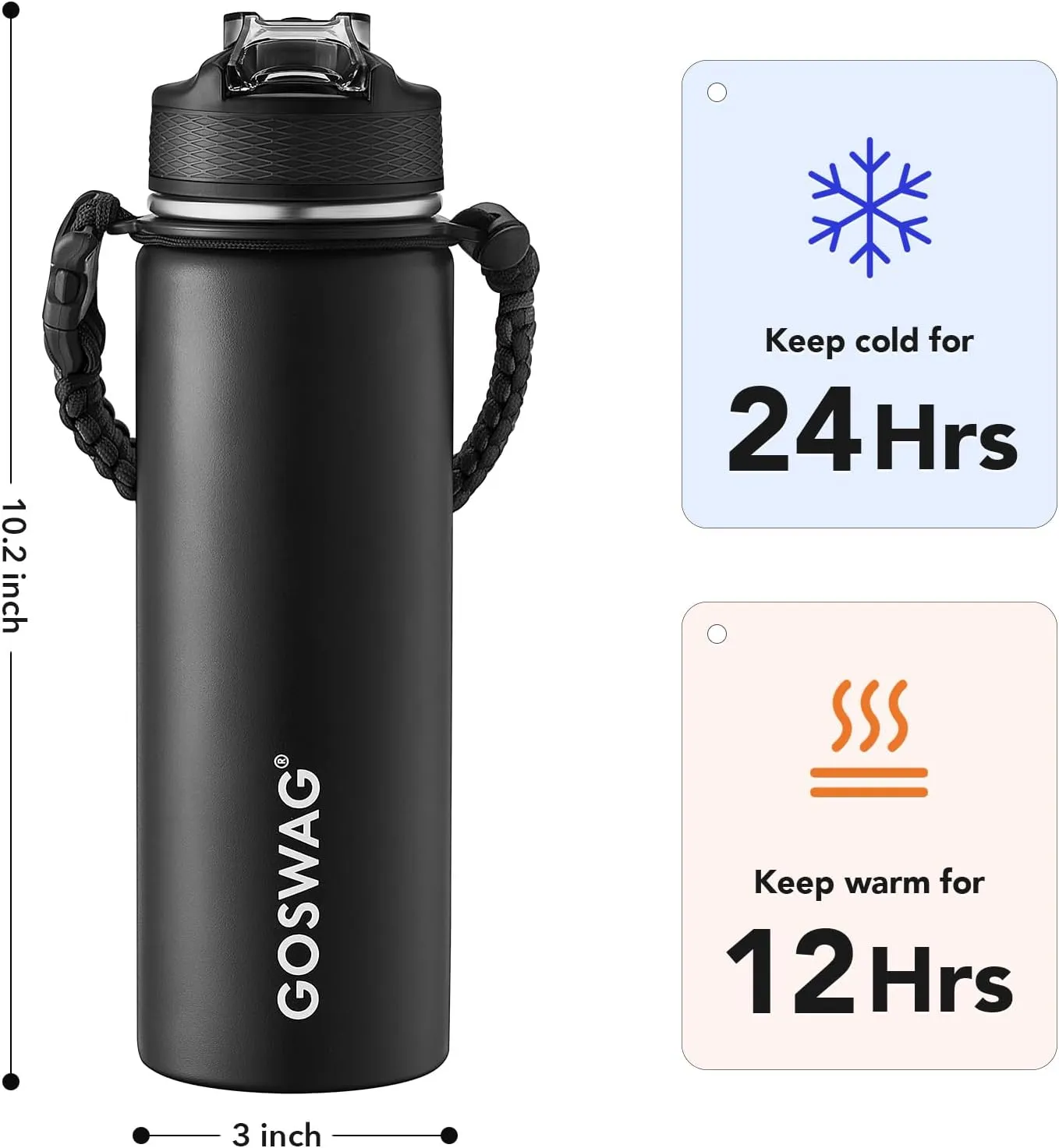 GOSWAG Insulated Sports Water Bottle, 24oz 2 Lids(with Straw/No Straw), Stainless Steel Water Bottles with Paracord Handle, Insulated Thermos with Double-Wall Vacuum Insulation