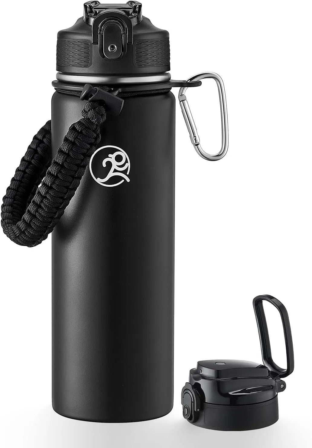 GOSWAG Insulated Sports Water Bottle, 24oz 2 Lids(with Straw/No Straw), Stainless Steel Water Bottles with Paracord Handle, Insulated Thermos with Double-Wall Vacuum Insulation