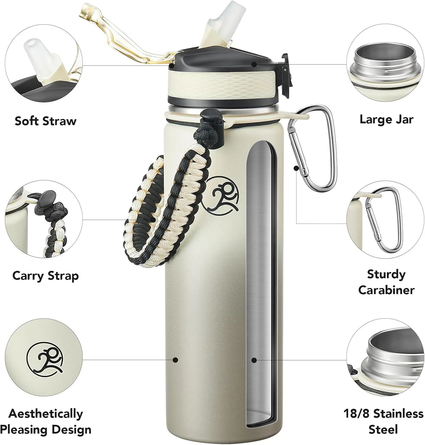 GOSWAG Insulated Sports Water Bottle, 24oz 2 Lids(with Straw/No Straw), Stainless Steel Water Bottles with Paracord Handle, Insulated Thermos with Double-Wall Vacuum Insulation