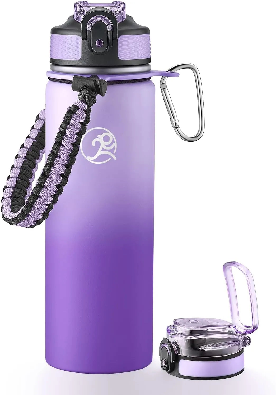GOSWAG Insulated Sports Water Bottle, 24oz 2 Lids(with Straw/No Straw), Stainless Steel Water Bottles with Paracord Handle, Insulated Thermos with Double-Wall Vacuum Insulation